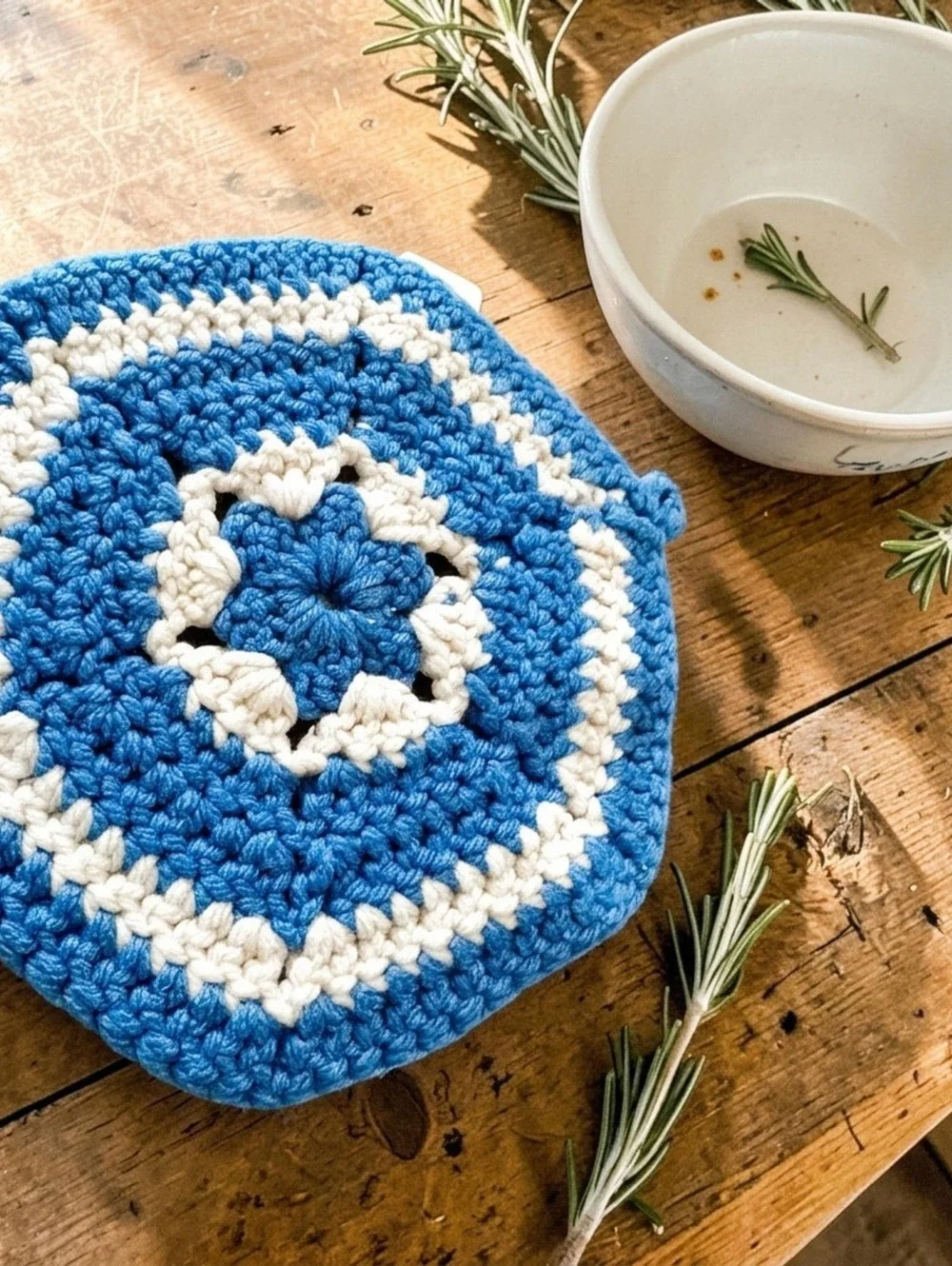 Handmade Trivet Vintage Blue White Crochet Hot Pad, Countertop Saver, Heat